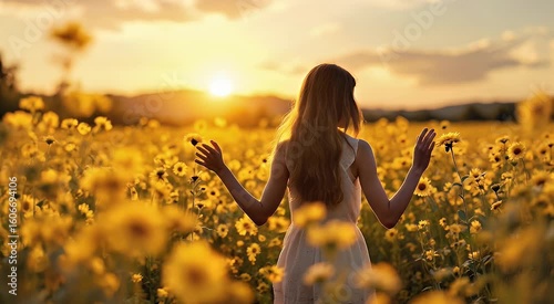 Woman in sunflower field sunset