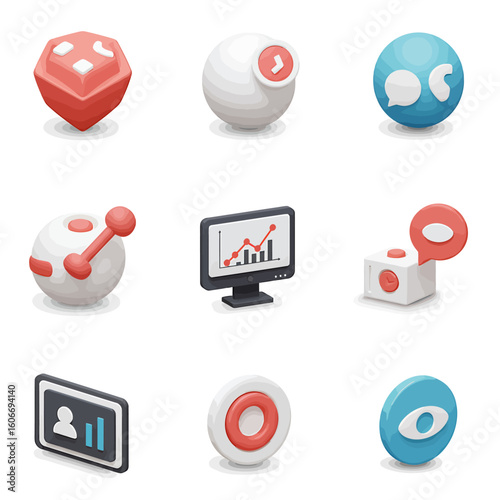 Collection of Nine Isometric 3D Web Icons:  Communication, Analytics, and User Interface Elements