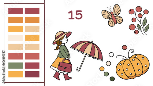 Autumnal illustration with color palette and seasonal elements