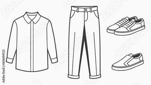Casual outfit flat lay shirt pants and sneakers