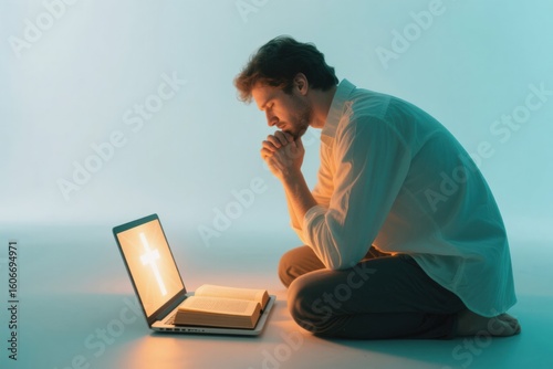 Contemplative man kneeling in front of laptop with Bible open on screen, spiritual light shining from screen