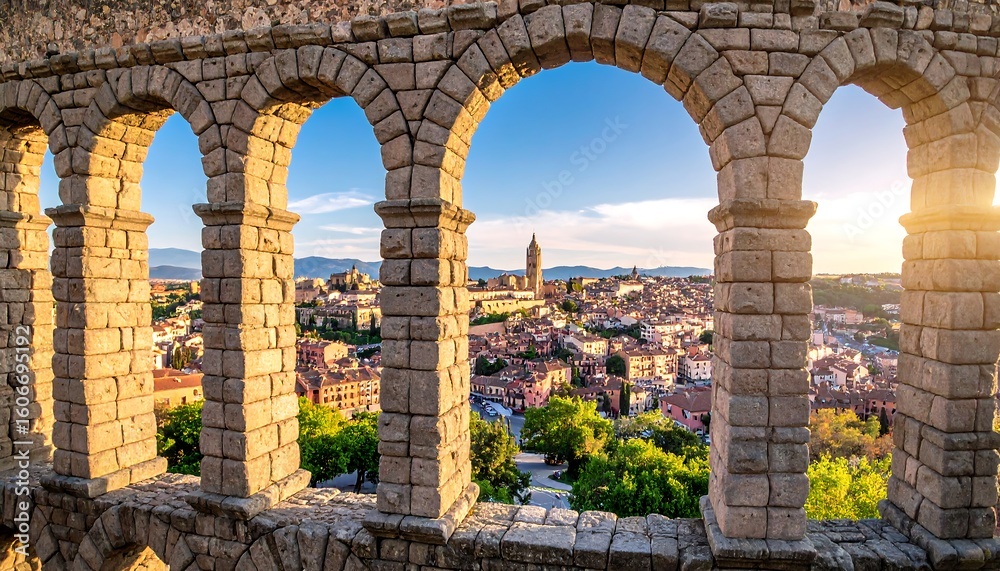 Fototapeta premium Ancient arches framing a city panorama at sunrise
