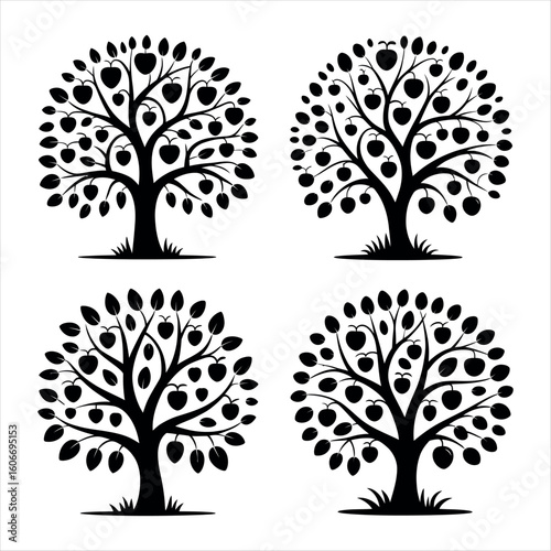 Black fruit trees with leaves silhouette