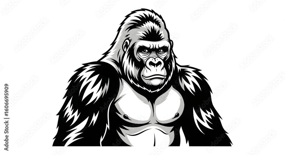 Fototapeta premium A grayscale illustration of a gorilla with a stern expression against a white background vector image