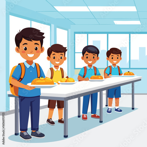 Cartoon illustration of four young boys in a school cafeteria line, each holding a plate of food.