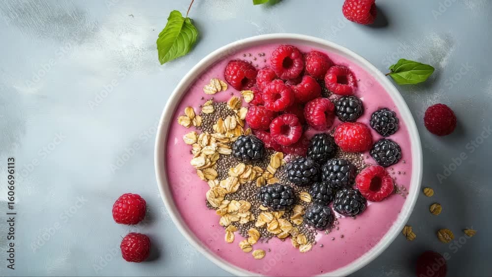 Pink smoothie bowl topped with fresh raspberries, blackberries, oats, and chia seeds. Served in white bowl. Nutritious and colorful breakfast concept.