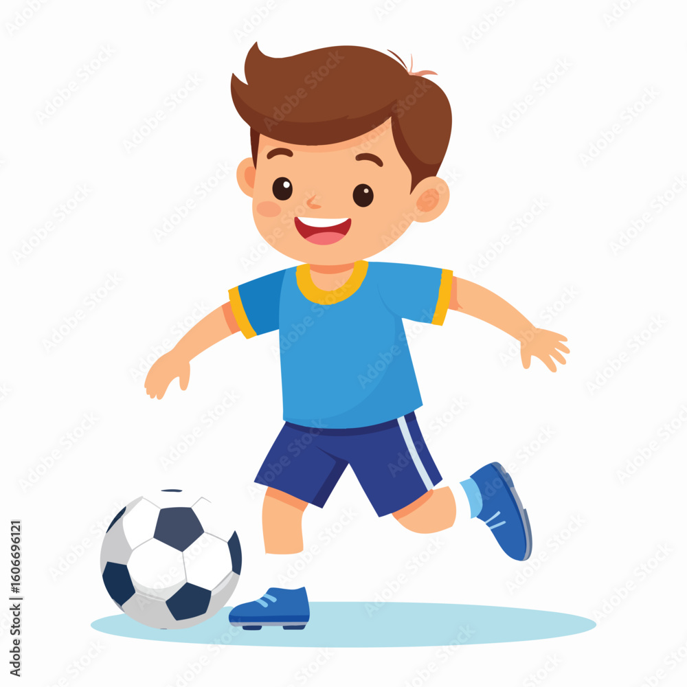 A cartoon boy in soccer uniform, happily kicking a soccer ball. A cartoon boy in soccer uniform, happily kicking a soccer ball.