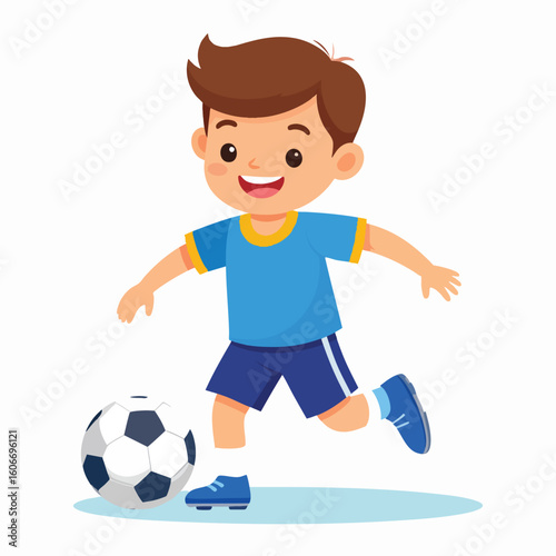 A cartoon boy in soccer uniform, happily kicking a soccer ball.