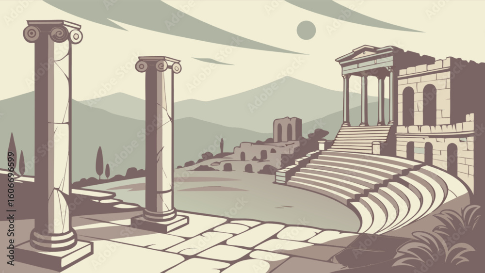 Obraz premium Explore ancient greek ruins landscape with doric columns and amphitheater architectural drawing illustration