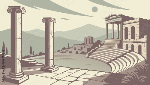 Explore ancient greek ruins landscape with doric columns and amphitheater architectural drawing illustration