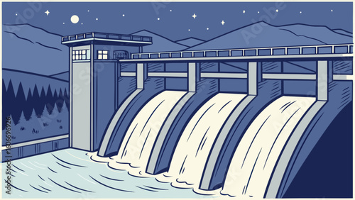 Illustration of hydroelectric dam at night with water flowing for energy and power generation project