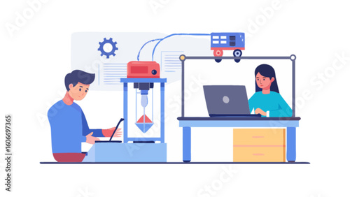 3d printing technology concept illustration featuring people working on design and prototyping process