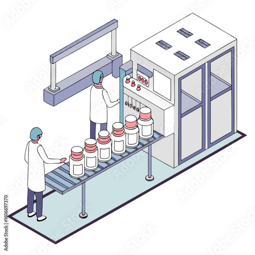 Pharmaceutical manufacturing process illustration showcasing medicine production line and factory workers