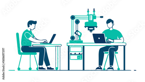 Illustration of engineering team working on 3d printer project with laptop and desk in design studio
