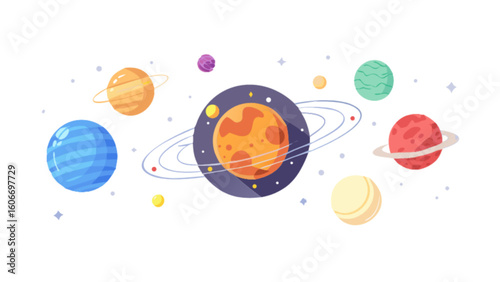 Cartoon planets with rings illustration vector graphic design space exploration astronomy for kids education