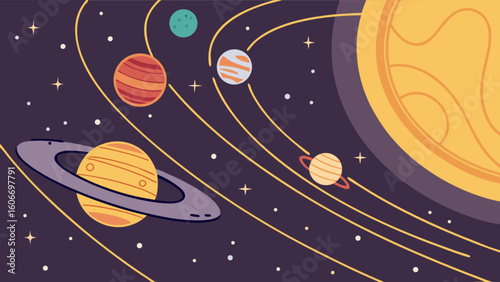 Explore the solar system planets sun and stars in this colorful cartoon space illustration of our galaxy