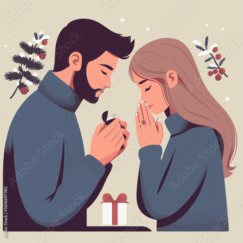 Couple exchanging engagement ring and showing emotional connection.  Christmas Eve proposal 