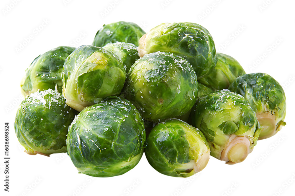 Fototapeta premium A fresh pile of bright green Brussels sprouts shows water droplets isolated on a simple transparent background suitable for recipe visuals.