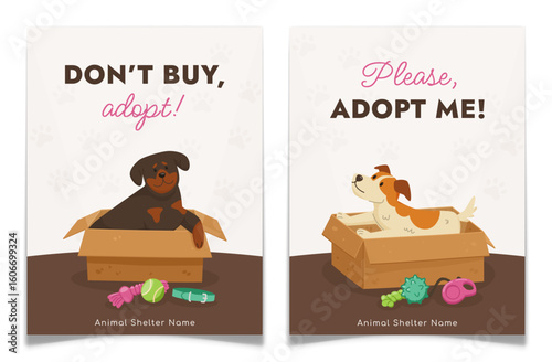 Set of Adopt Me Posters with Dogs in Cardboard Box