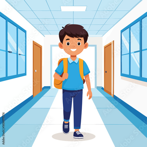 Happy schoolboy walking down a school corridor, carrying a backpack.