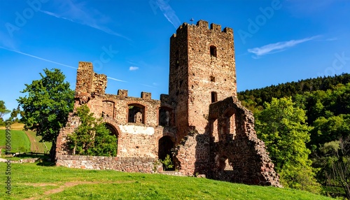 Ancient castle ruins under a vibrant blue sky