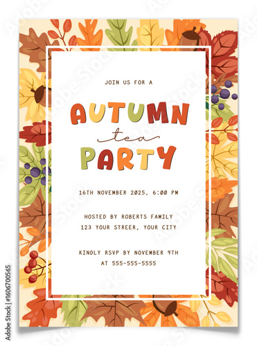 Autumn Tea Party Invitation Card with Fall Leaves.