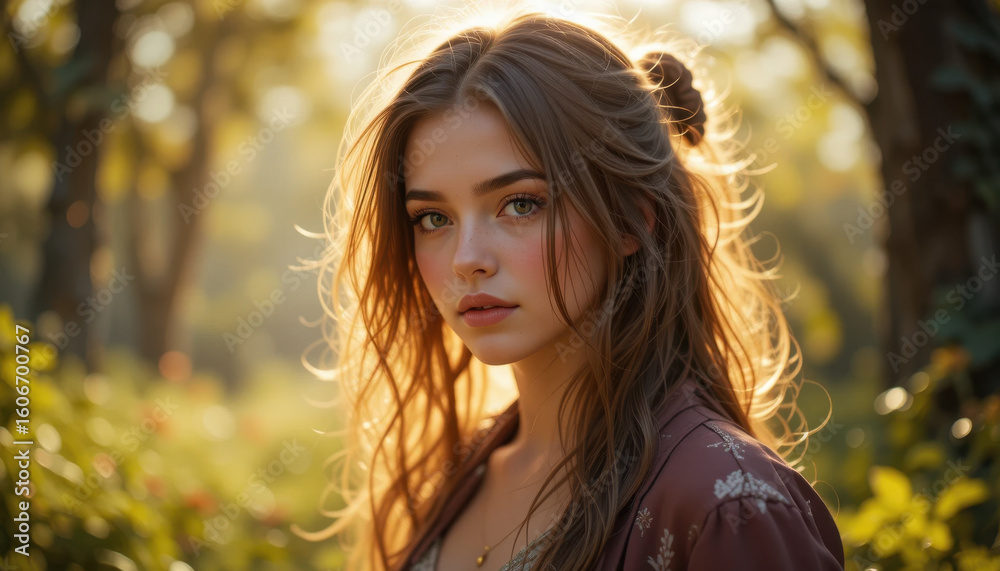 Naklejka premium Young woman with long hair stands in sunlit forest, her expression serene and thoughtful. soft, golden light creates halo effect around her, enhancing peaceful atmosphere