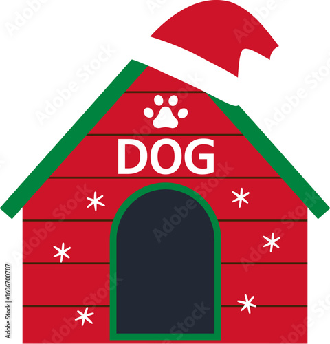 Christmas Dog House for Pet.
Festive Dog house flat stock vector illustration.
Red and green doghouse decorated with Christmas elements.
Transparent background. svg.