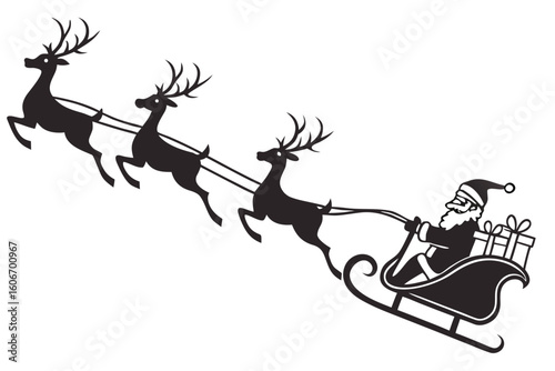 Santa claus riding in a sleigh pulled by three reindeer on a white background