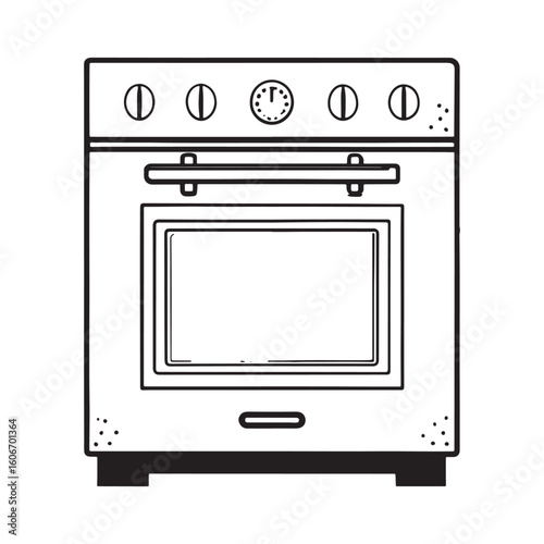 Detailed Line Art Illustration of a Modern Kitchen Oven Appliance with Knobs and a Clock for Culinary Designs