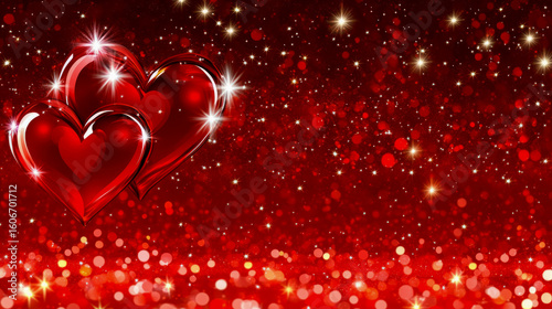 Valentine's day greeting, two heart shapes shining on a glittering red festive with bokeh lights, card, print.