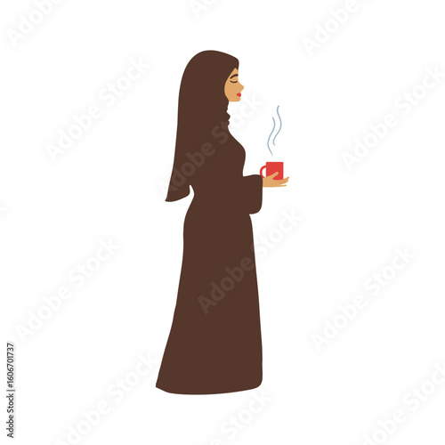Modern graphic of a woman wearing a hijab holding a cup of tea or coffee, suitable for logos, icons, social media or web design.