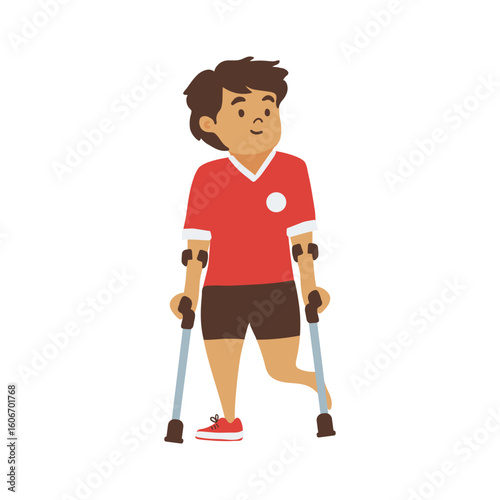 A young cartoon boy with crutches makes a charming element for rehabilitation designs, disability awareness, and accessibility focused graphics.
