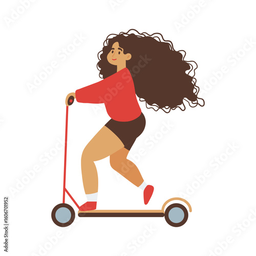 Girl on a scooter design features a young woman with curly hair and a red shirt, perfect for active lifestyle graphics or children's content.