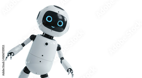 Friendly white robot with blue eyes cheerfully waving, perfect for futuristic tech concepts and AI innovation.