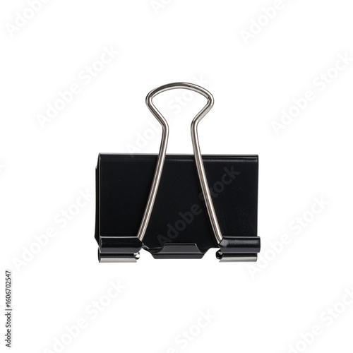 Black metal paper clip isolated on white background. Essential office and school stationery supplies isolated on white background.
