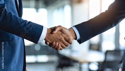 Two men shaking hands in a friendly gesture signifying agreement and collaboration in a professional atmosphere
