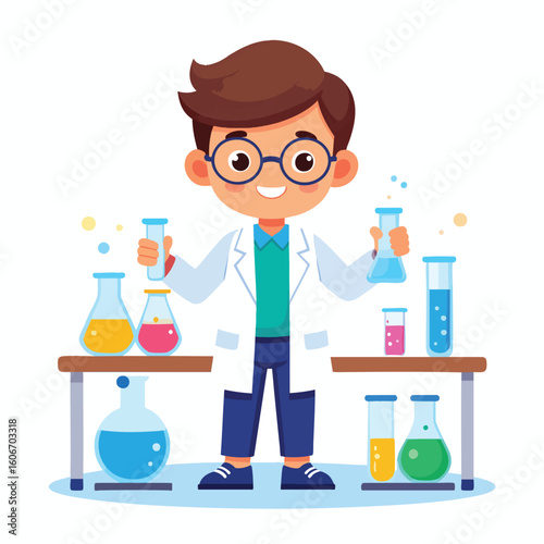 Smiling young scientist in lab coat holding test tubes, surrounded by colorful beakers and flasks on a lab table.