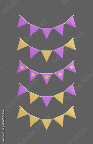 Purple and yellow holiday flag garland set. 3D style realistic render of party garland bunting, festoon string, triangle shape pennant hanging banner decoration. Happy holiday surprise party 3D vector