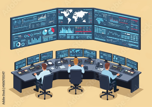 Team of Three Male Analysts Monitoring Data on Multi-Screen Control Center Dashboard in Modern Office Setting
