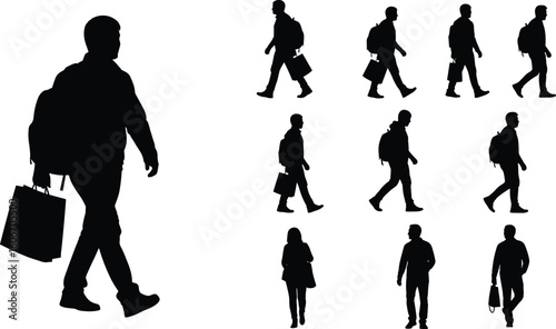 Silhouettes of diverse people walking, carrying bags, isolated on white background, urban lifestyle, travel, shopping, movement, human figures, stock photo