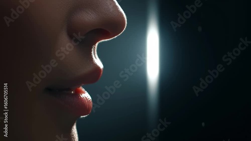 Close up of human lips and nose speaking with soft light on skin, voice communication for commerce in dark environment highlighting mouth close up