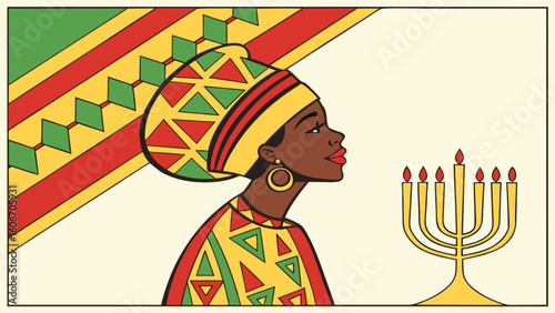 Illustration of kwanzaa celebration african woman with kinara and candles cultural heritage design