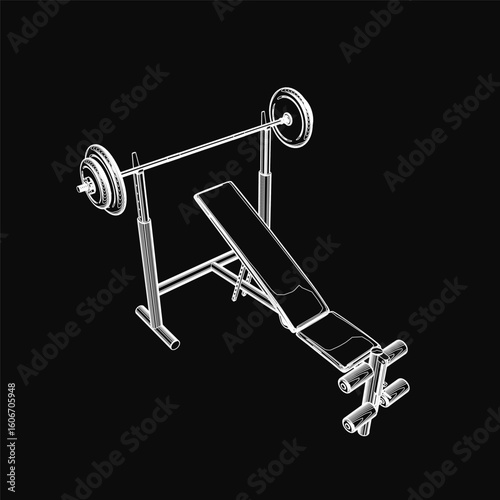 Black and white contour drawing of a bench press with an adjustable barbell, isolated on a dark background. The equipment is ideal for strength training and full-body workouts.