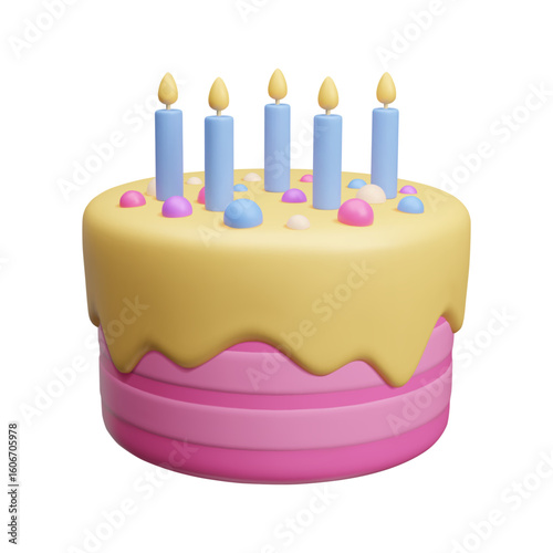 Pink Birthday cake with yellow glaze, blue candles and bon bon confetti decoration 3D style vector illustration isolated on white. Sweet dessert surprise party holiday food. Happy birthday pastry 3D.