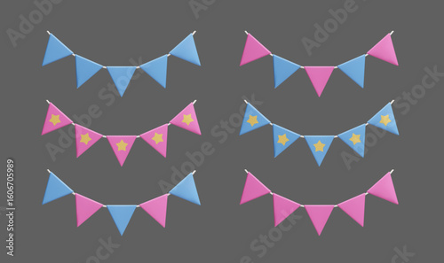 Baby shower, gender reveal party banners, blue and pink flag garlands isolated on dark background. Realistic 3D triangle shape bunting, congratulation banner festoon pennant. Surprise birthday party!