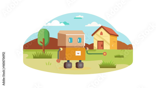 Cute cartoon robot character illustration in outdoor landscape with house and tree vector graphic asset