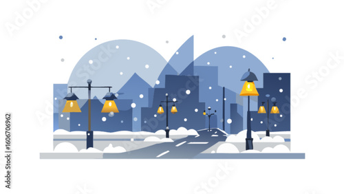 Winter city street scene illustration with snow and streetlights vector graphic design template