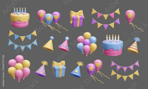 Big bundle of different 3D style Happy Birthday party decoration set. Party hat, gift box, air balloon bunch, flag garland banner, birthday cake dessert 3D render icon set isolated on dark background.