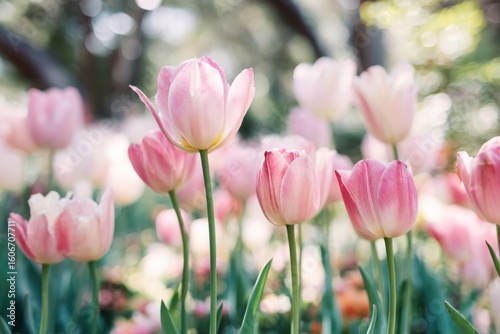 Delicate pink tulip blossoms in a tranquil garden oasis for floral aficionados and nature-inspired decor enthusiasts